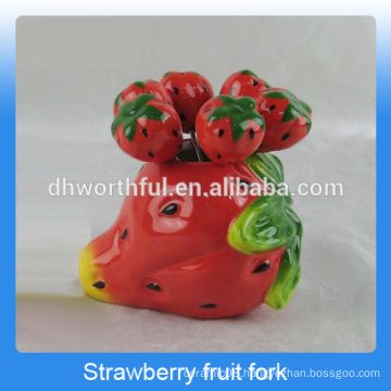 Creative strawberry shaped fruit fork gift set in ceramic material